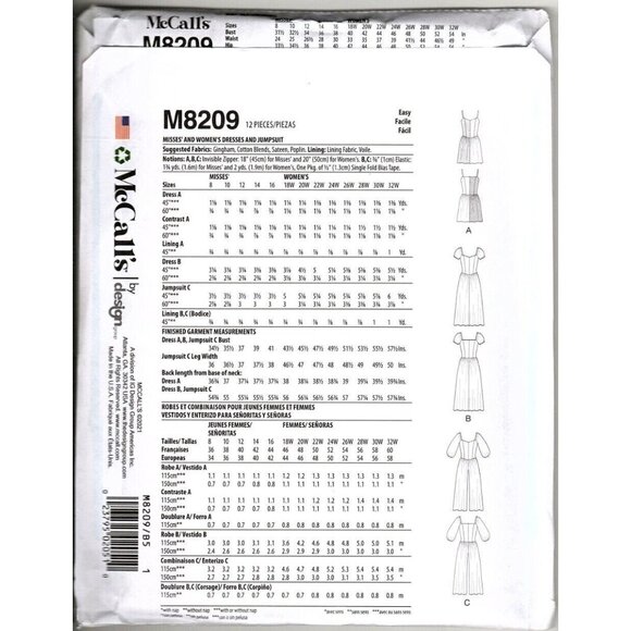 McCall's M8209 Misses 8 to 16 Fitted Dresses and Jumpsuit Uncut Sewing Pattern - Picture 2 of 2